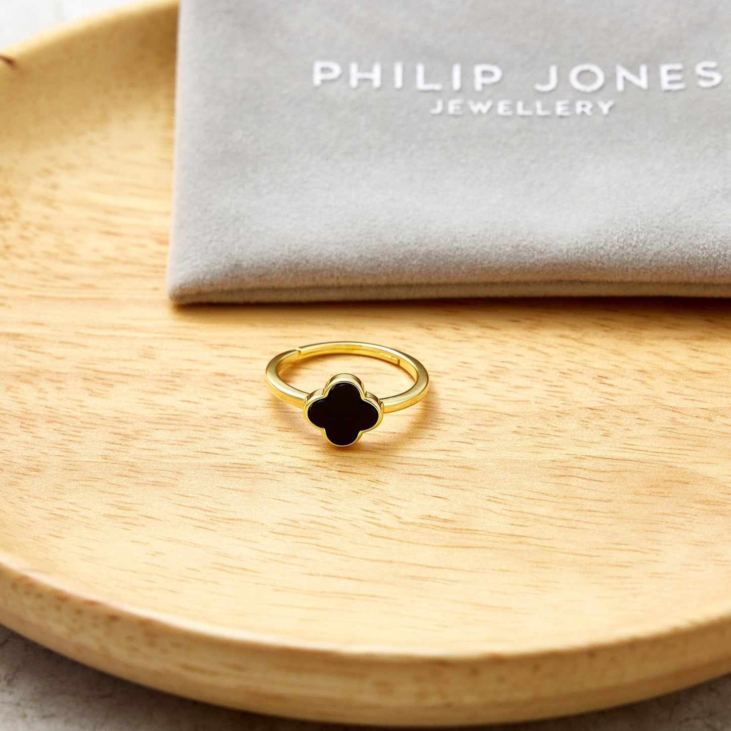 Philip Jones Gold Plated Black Onyx Clover Ring (Adjustable M–Q) | Hypoallergenic, Gift Pouch Included 🖤✨