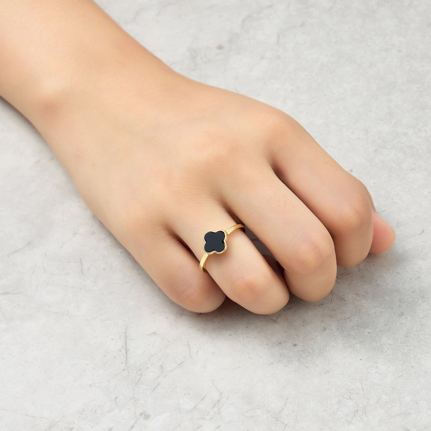 Philip Jones Gold Plated Black Onyx Clover Ring (Adjustable M–Q) | Hypoallergenic, Gift Pouch Included 🖤✨