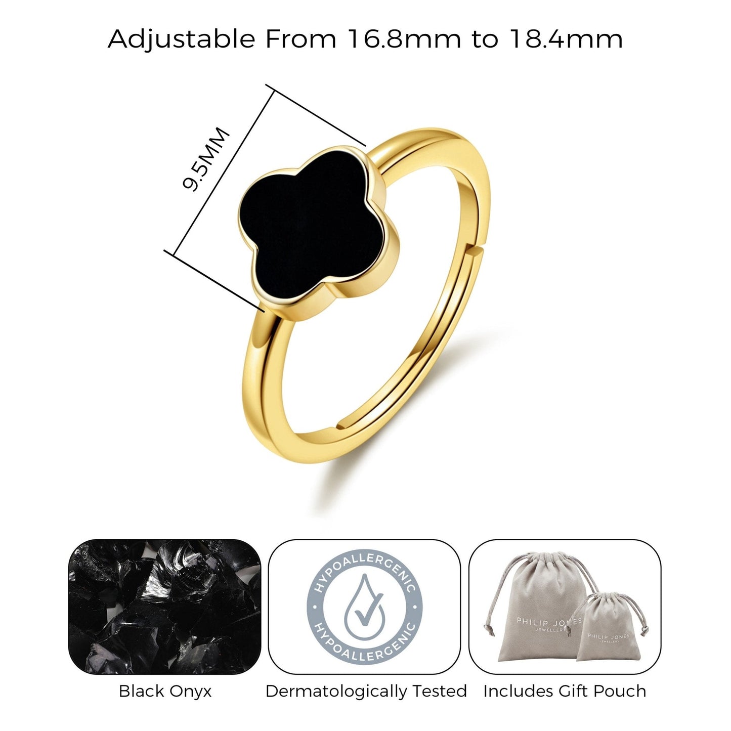 Philip Jones Gold Plated Black Onyx Clover Ring (Adjustable M–Q) | Hypoallergenic, Gift Pouch Included 🖤✨