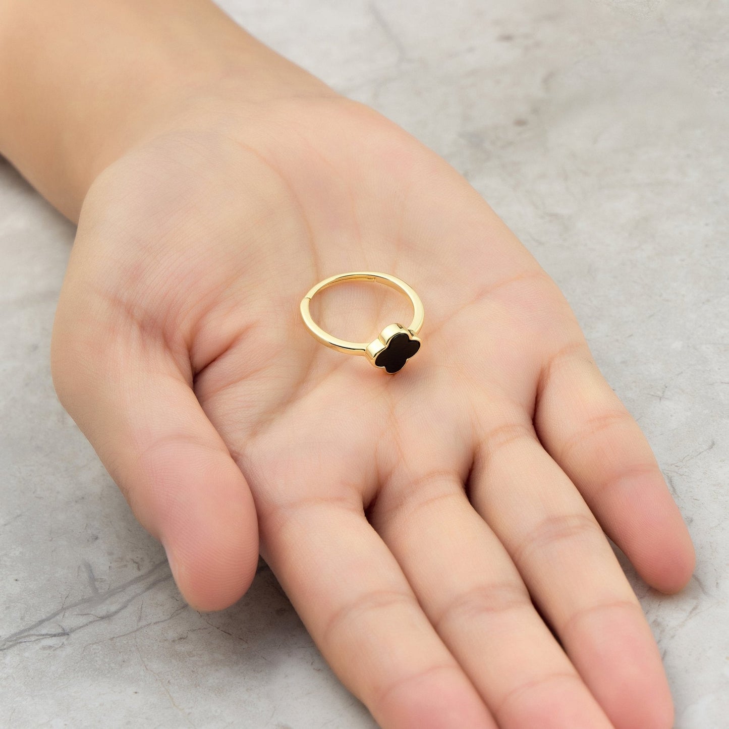 Philip Jones Gold Plated Black Onyx Clover Ring (Adjustable M–Q) | Hypoallergenic, Gift Pouch Included 🖤✨