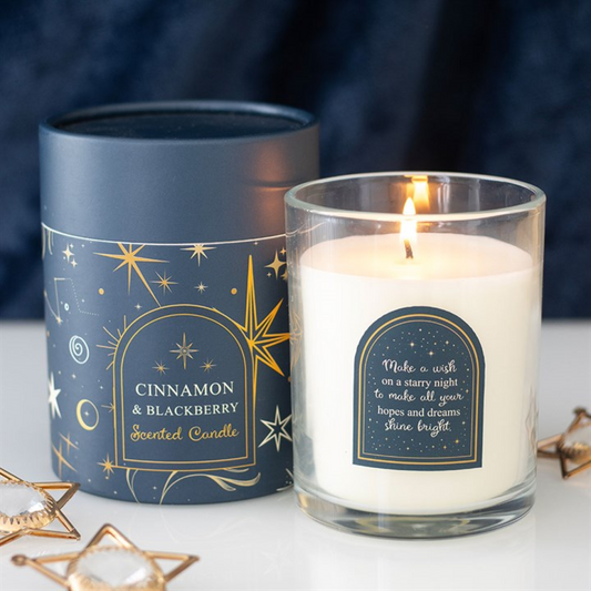 Starry Night Cinnamon & Blackberry Candle – Festive Scented Glass Jar Candle (48-Hour Burn) 🌌