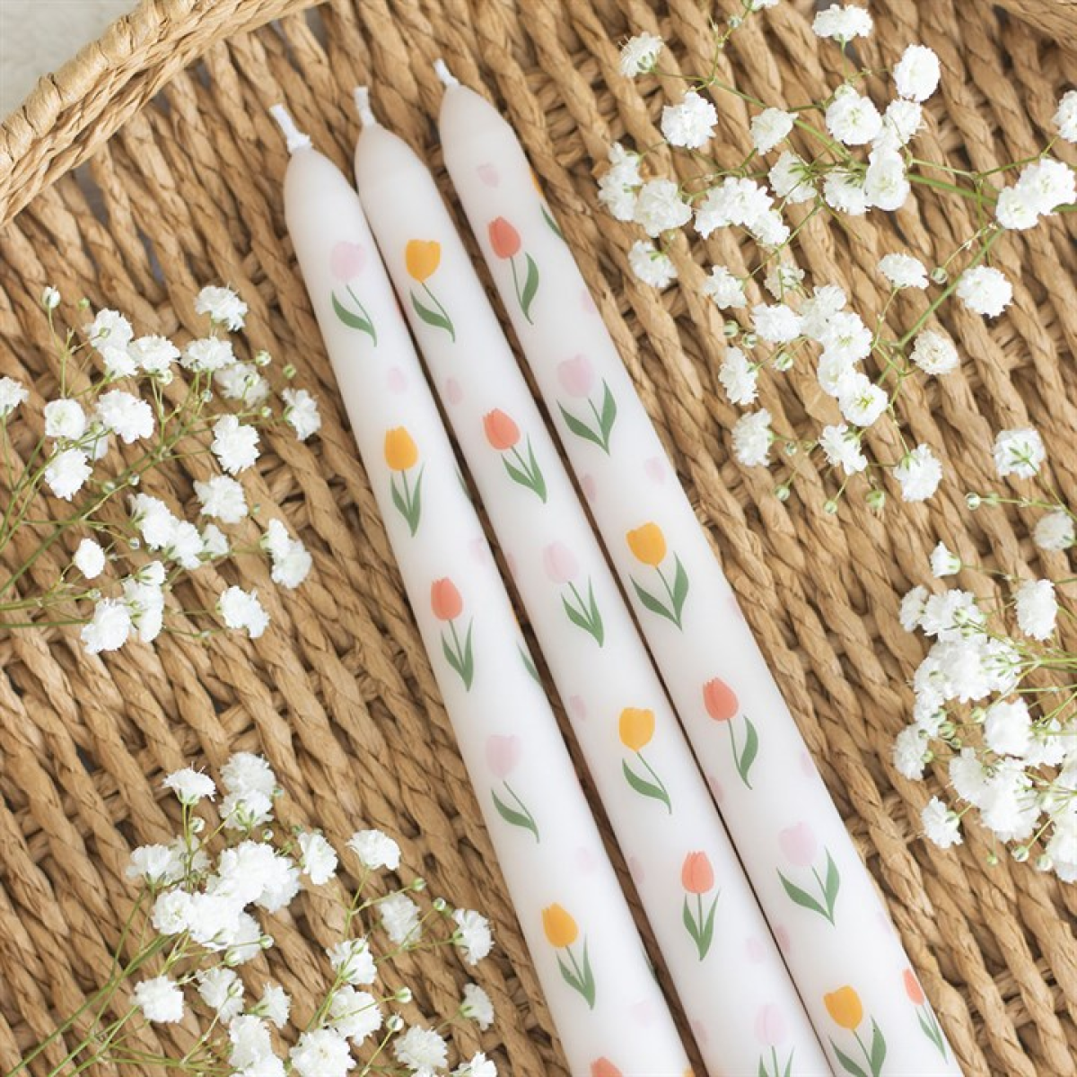 Lot de 3 bougies effilées à motif tulipes
