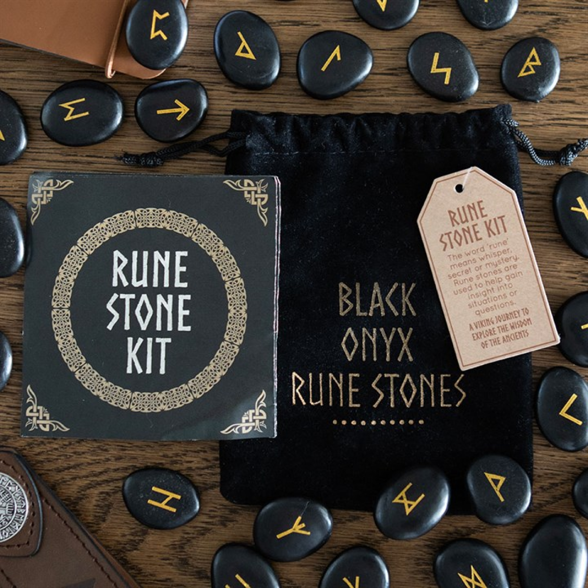 Black Onyx Norse Rune Stones Set – 25 Viking Divination Runes with Pouch 🖤✨