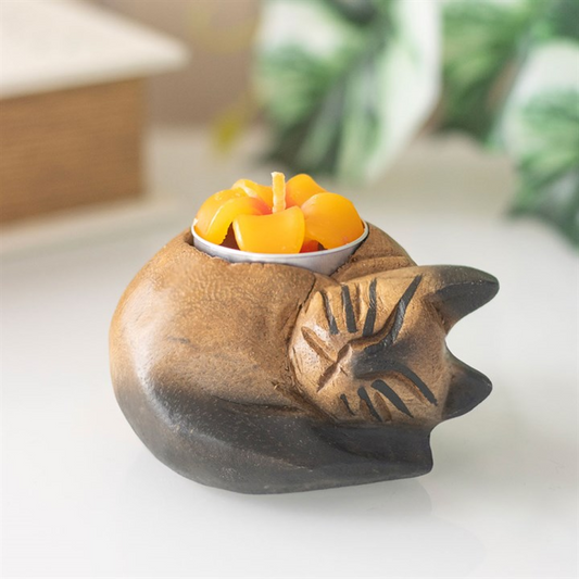 Curled Cat Tealight Holder – Handcrafted Monkey Pod Wood Candle Holder 🐾✨