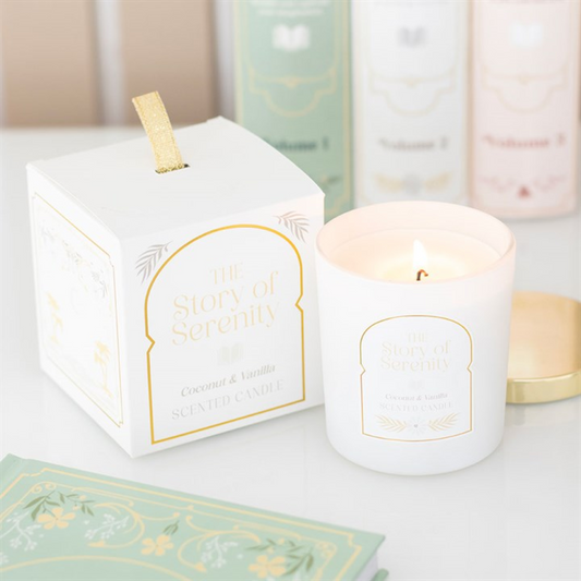 ✨ The Story of Serenity Coconut & Vanilla Candle – Peaceful Home Fragrance for Book Lovers 📚🕯️