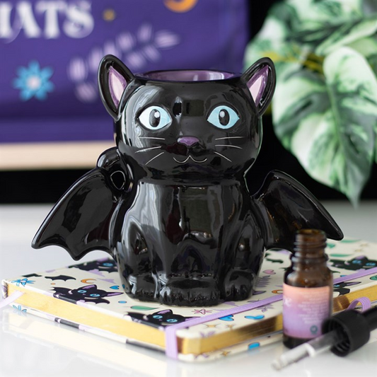 🦇 Cute & Creepy Bat Cat Ceramic Oil Burner & Wax Warmer 🕯️ | Gothic Home Décor & Mystical Fragrance Burner