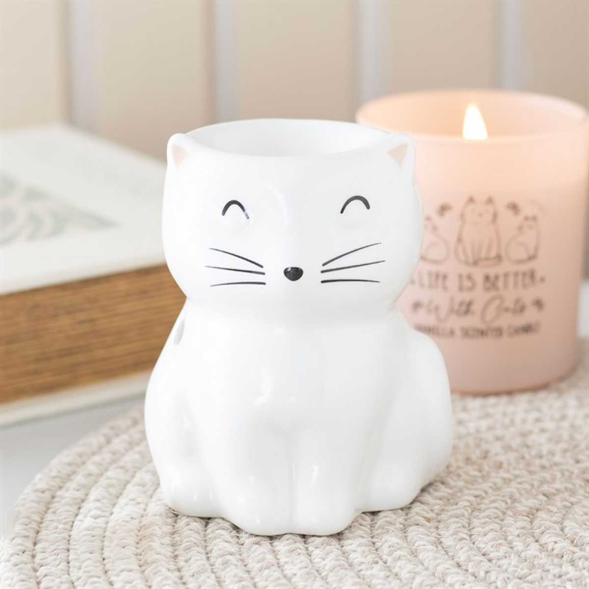 Brûleur à Huile Chat Heureux Blanc